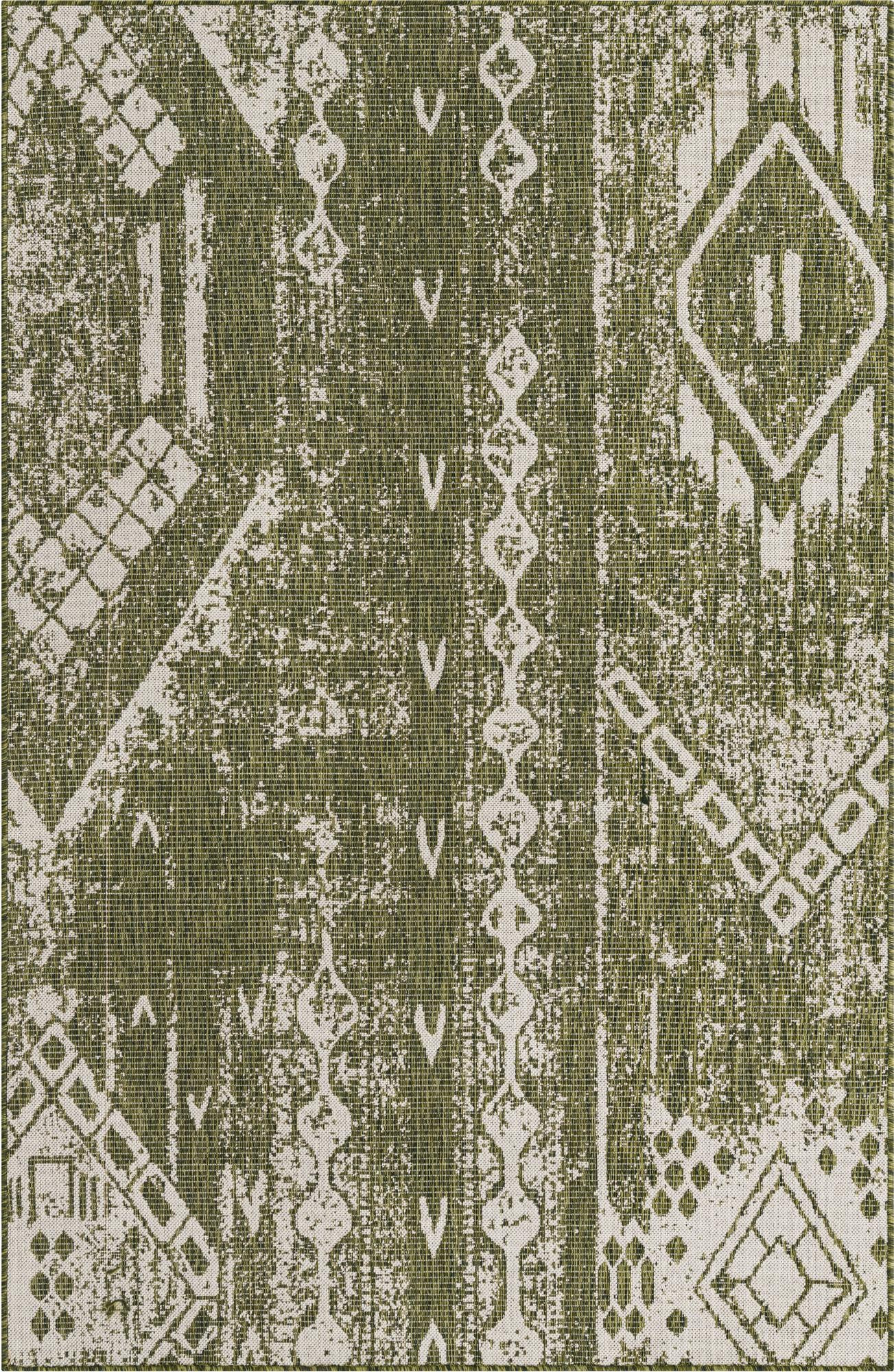 5' 3 x 8' Wildman · Geometric Outdoor Rug, green and ivory