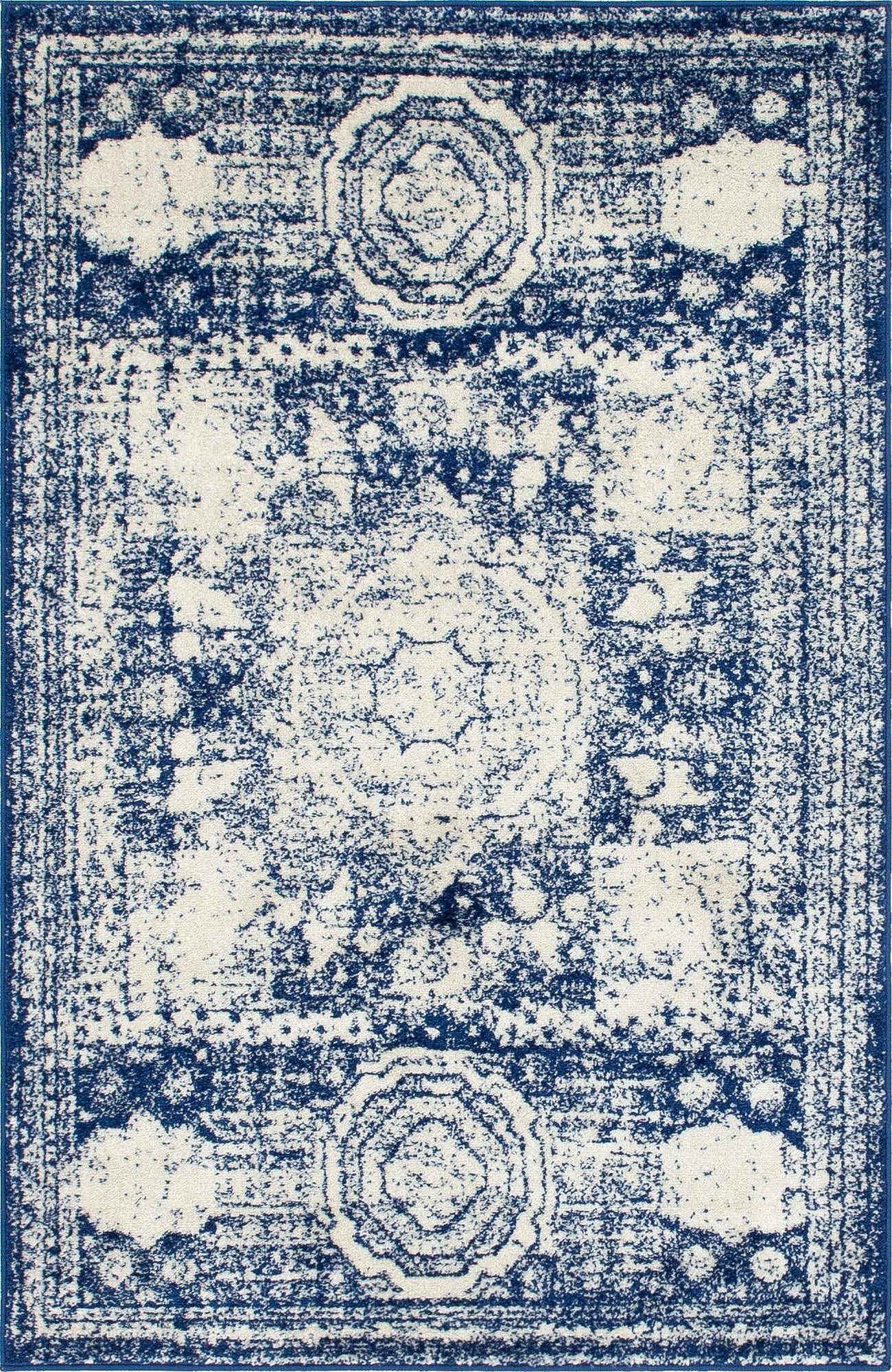 4' x 6' Benedict · Distressed medallion rug, ivory and blue