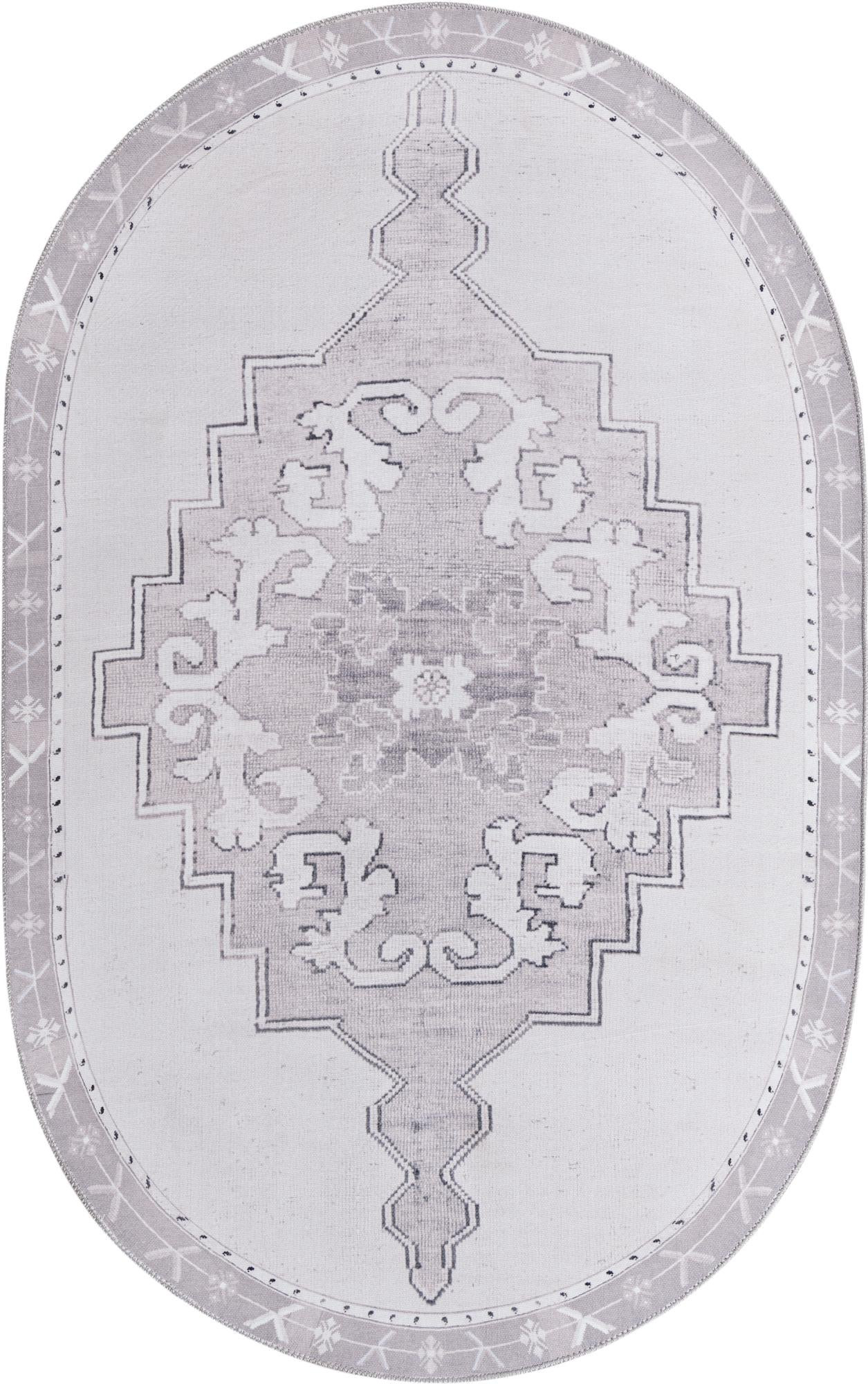 5' x 8' Sanderson · Medallion Washable Rug, gray and white