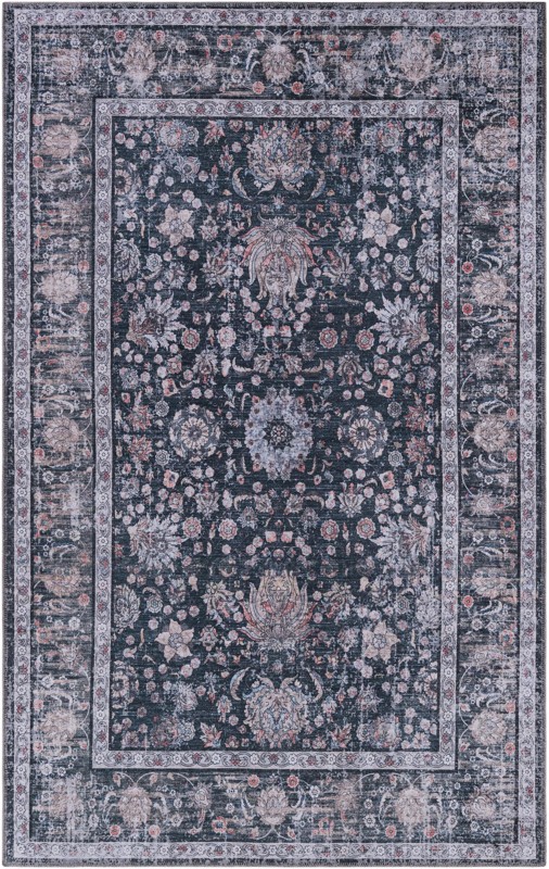 Bertie · Distressed floral rug, ink and ivory