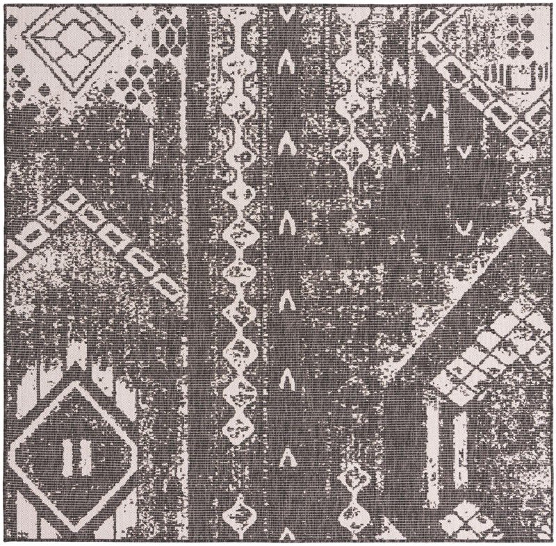 7' x 7' Wildman · Tribal geometric Outdoor Rug, charcoal and ivory