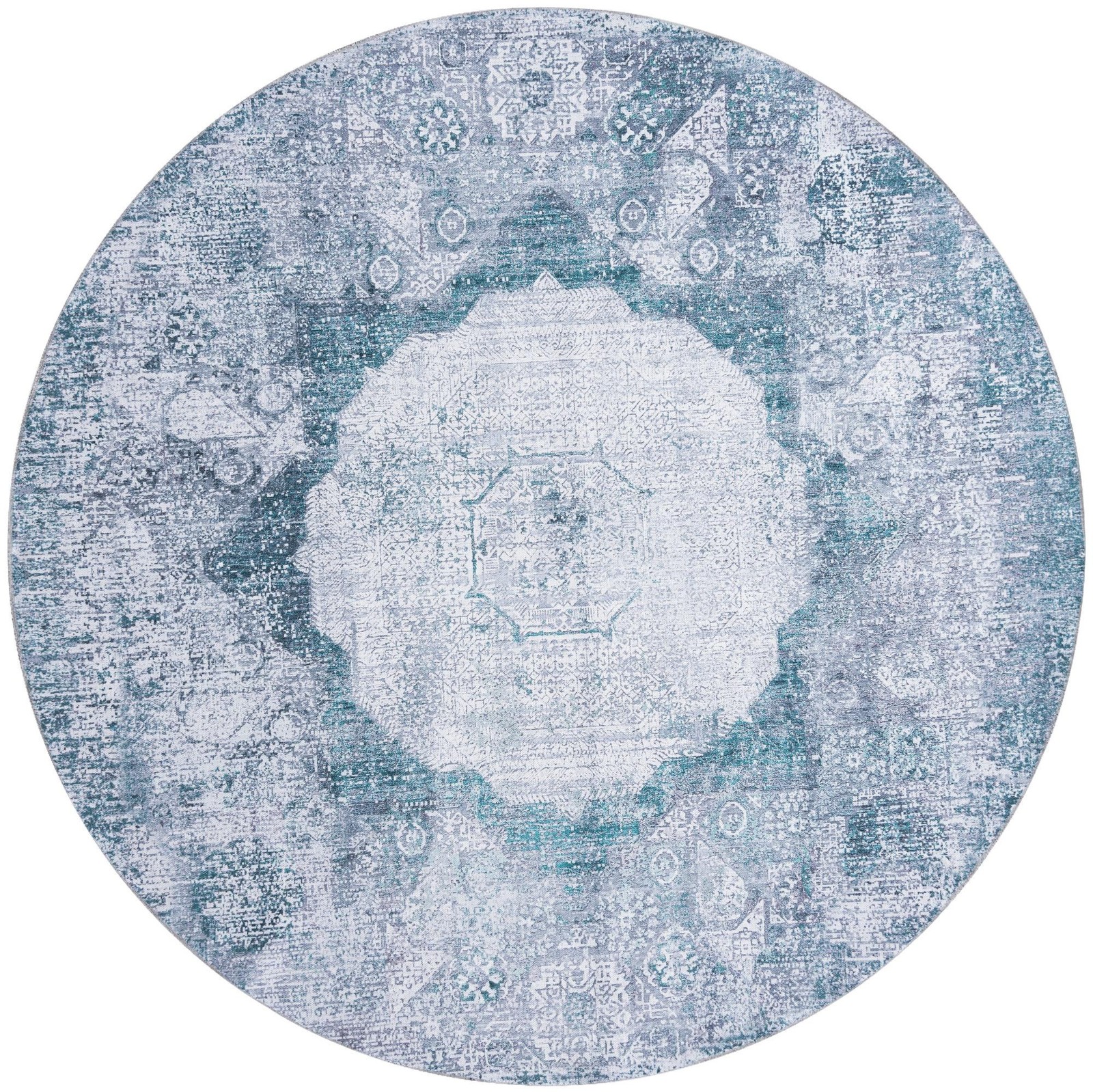 7' 10 x 7' 10 Fallowfield · Distressed medallion Washable Rug, teal and ivory