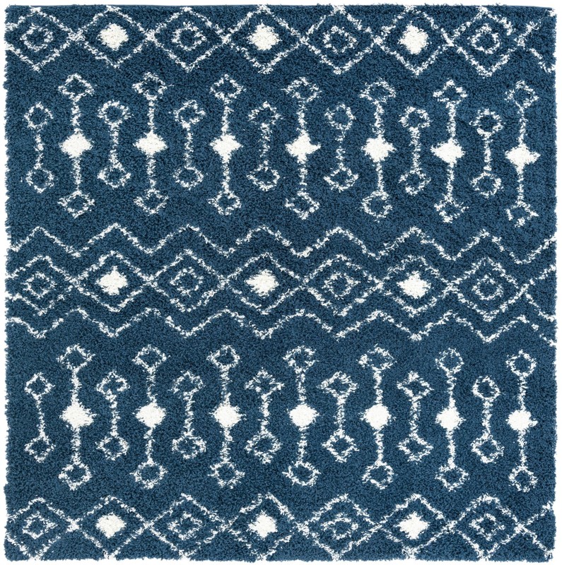 7' 10 x 7' 10 Bayley · Geometric trellis Shag Rug, navy and ivory