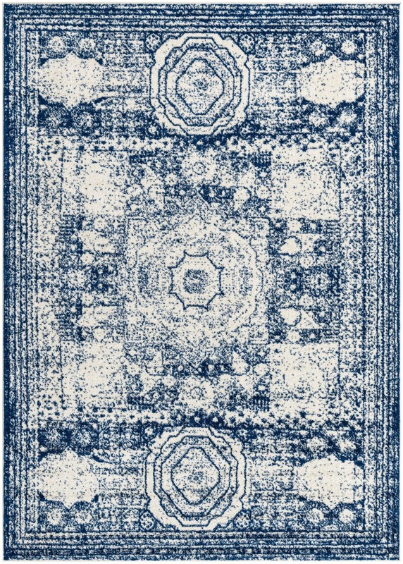 7' x 10' Benedict · Distressed medallion rug, ivory and blue
