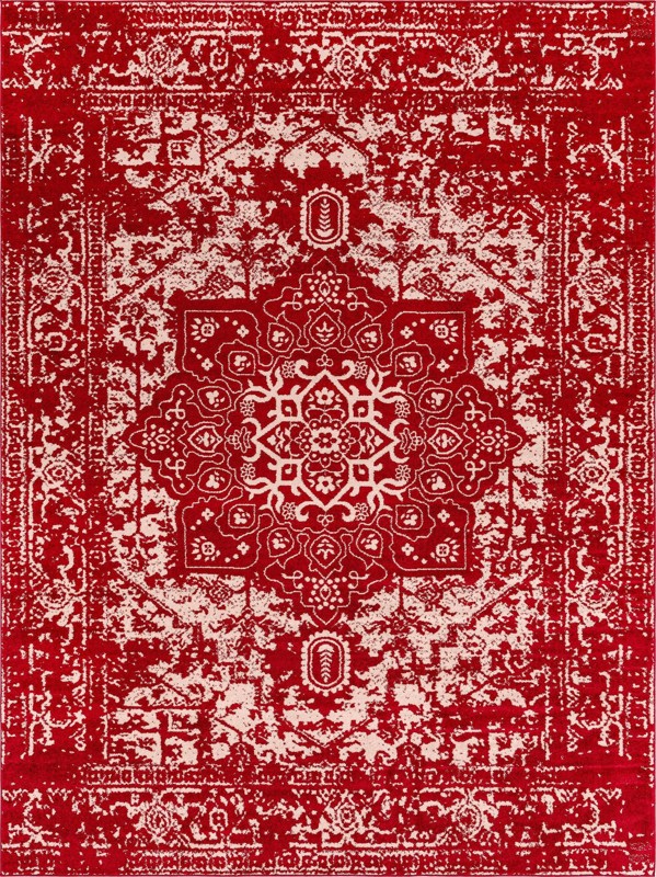 Birch · Distressed medallion rug, red and ivory