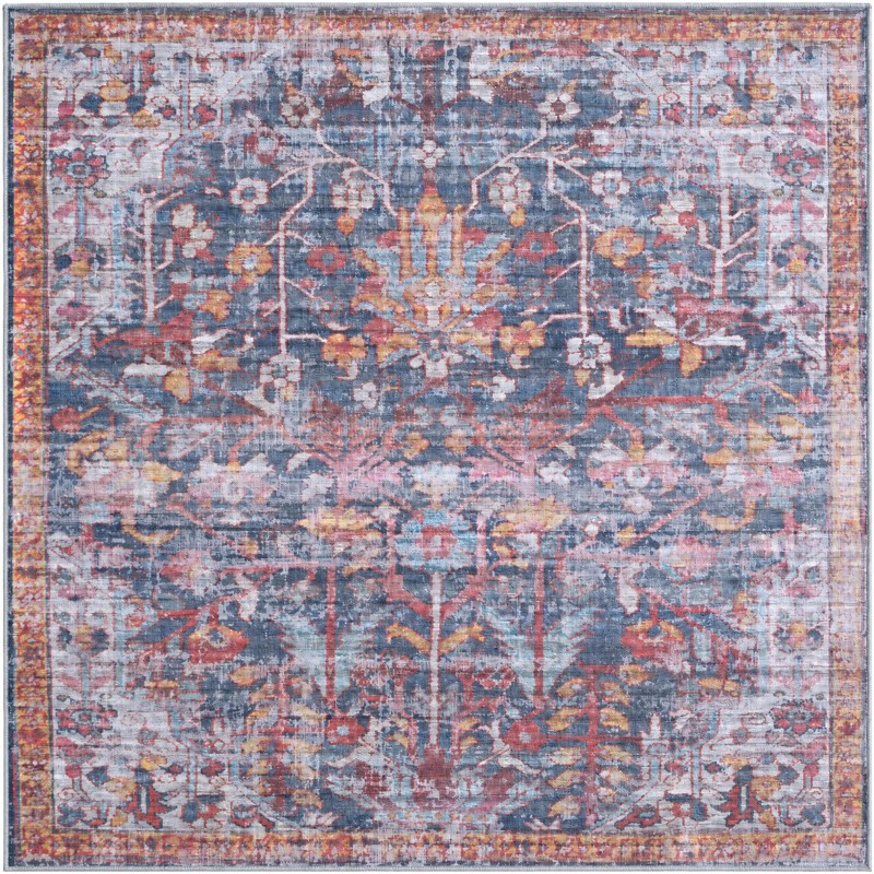 6' x 6' Massey · Distressed floral rug, navy and rust