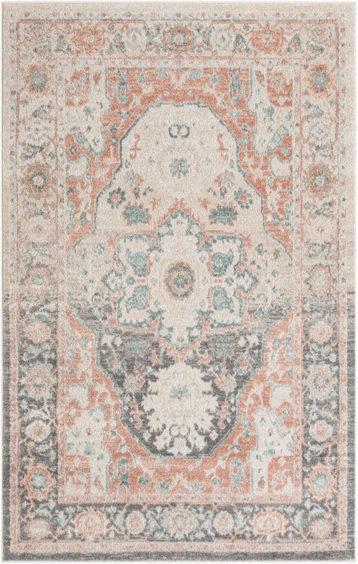 5' x 8' Pierce · Border rug, rose pink and gray