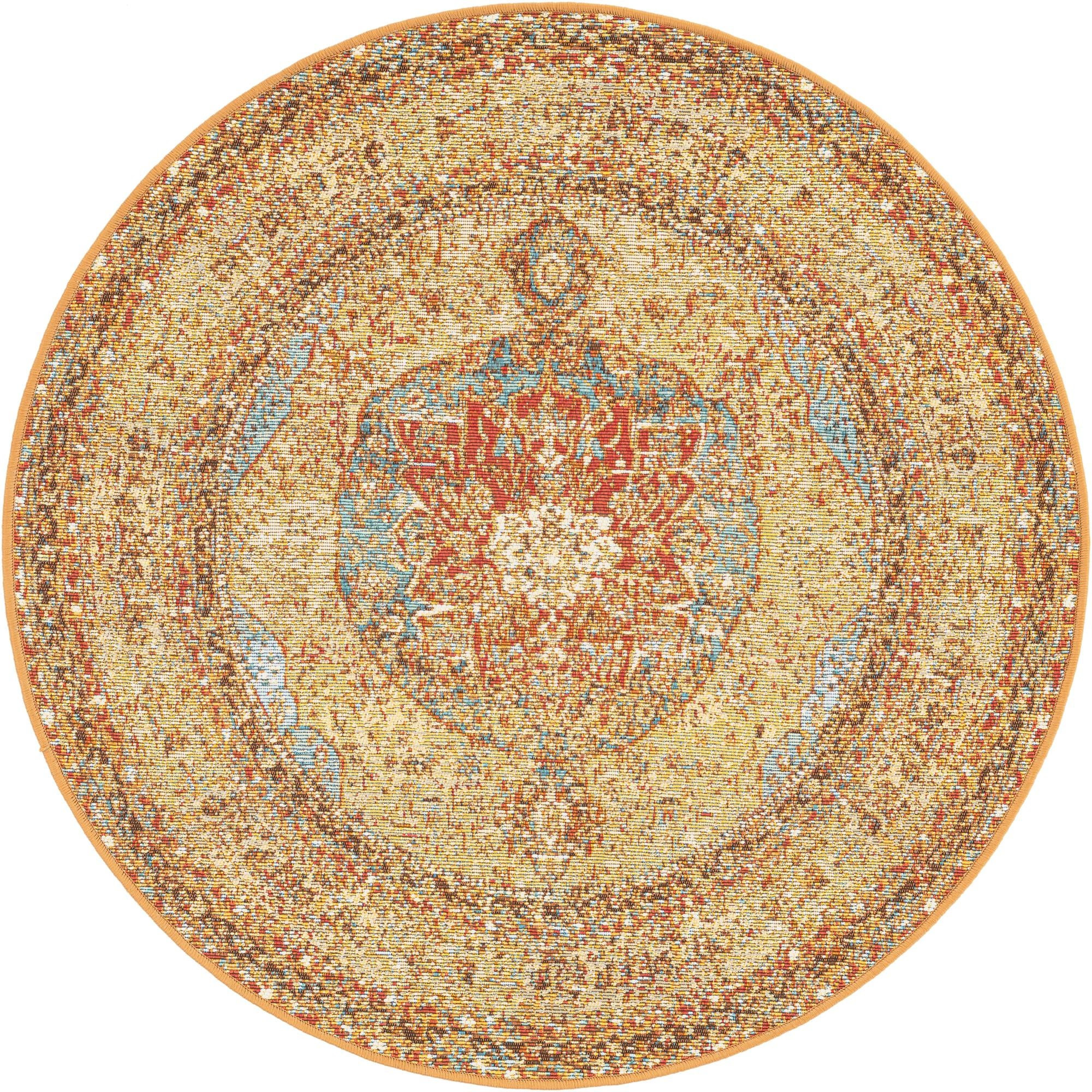 3' 3 x 3' 3 Lomax · Medallion Outdoor Rug, tan and light blue