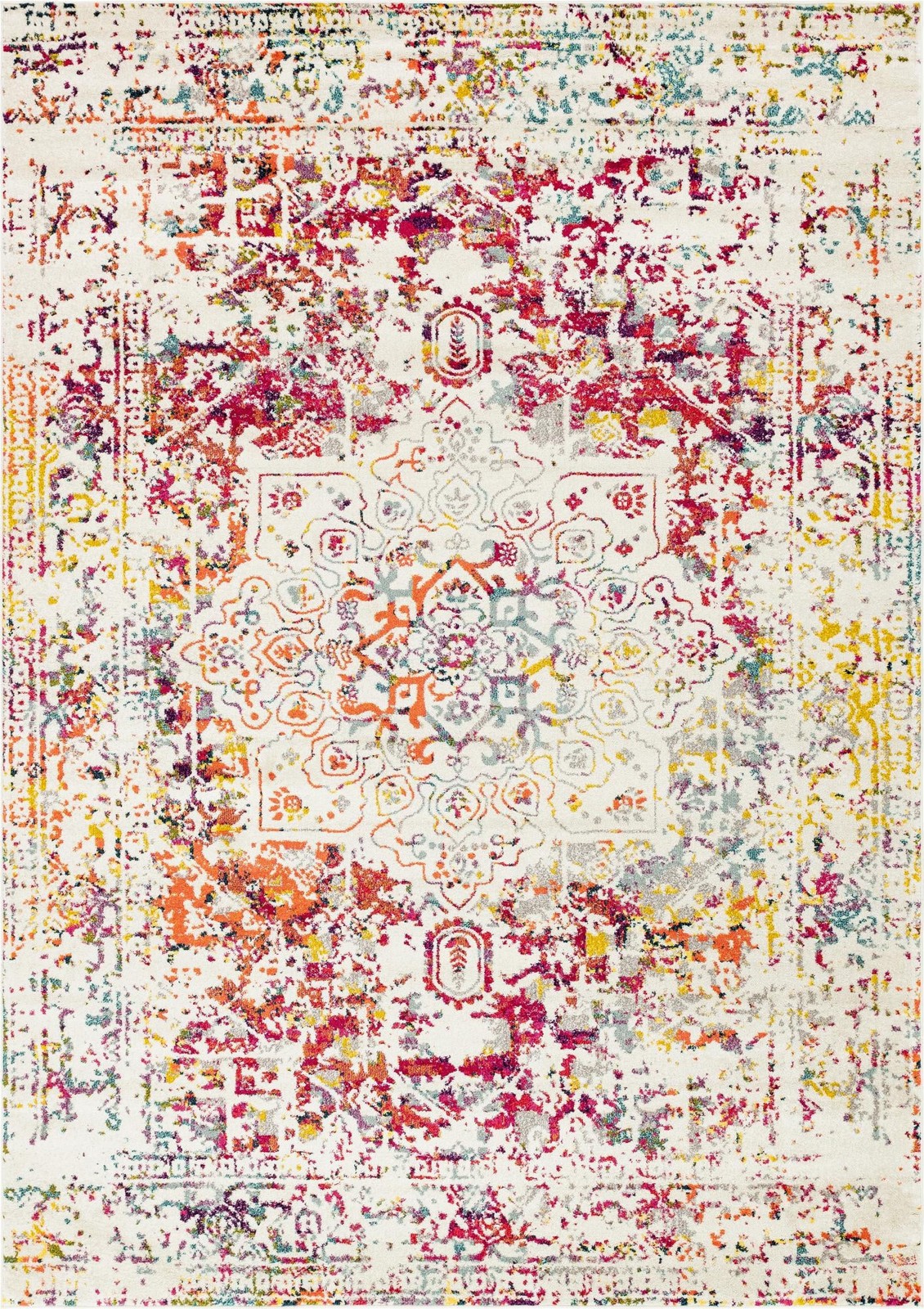10' x 14' Birch · Distressed medallion rug, ivory and multi