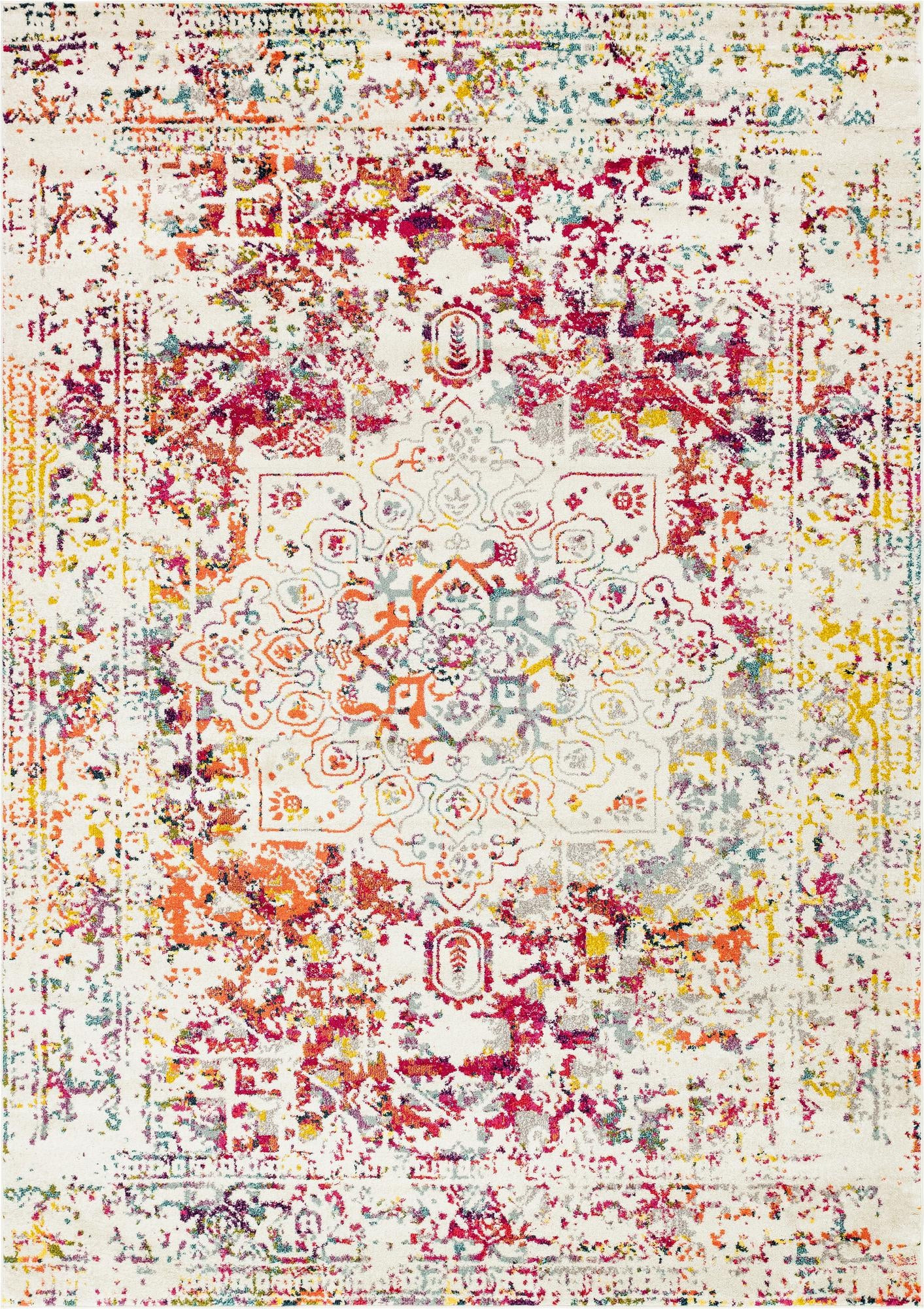 10' x 14' Birch · Distressed medallion rug, ivory and multi