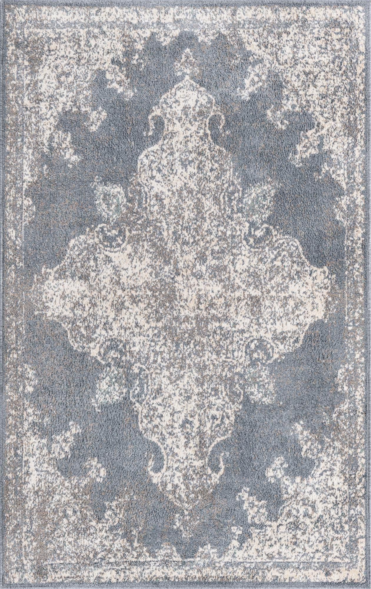 5' x 8' Maude · Distressed medallion rug, gray and ivory