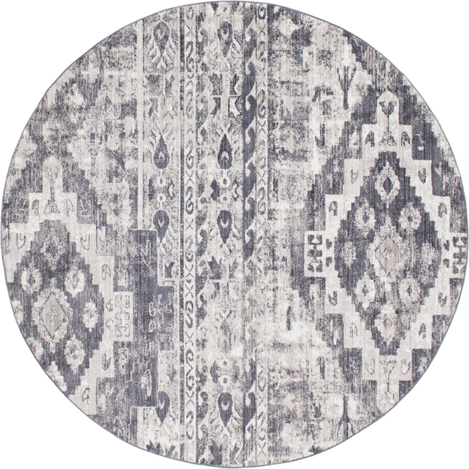 8' x 8' Quinn · Distressed tribal rug, gray and ivory