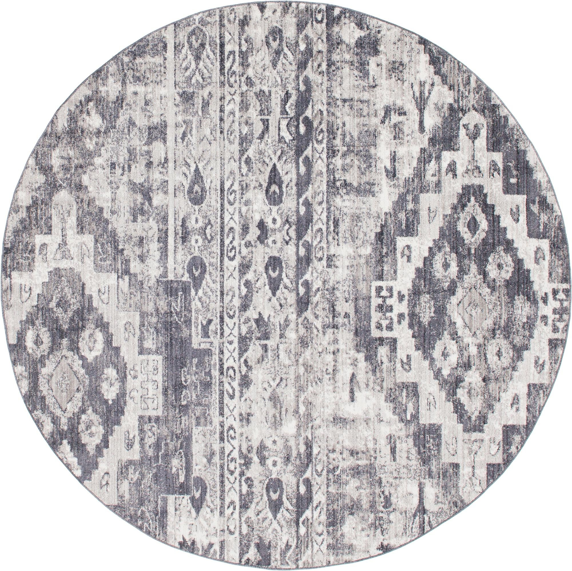 8' x 8' Quinn · Distressed tribal rug, gray and ivory