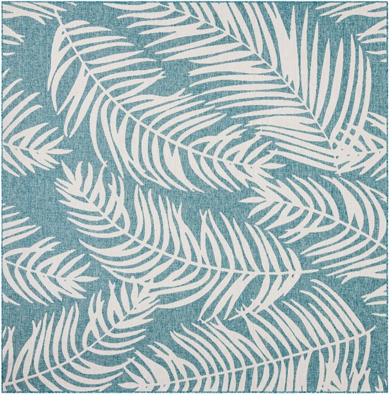 10' x 10' Moody · Palm leaf Outdoor Rug, aqua and ivory