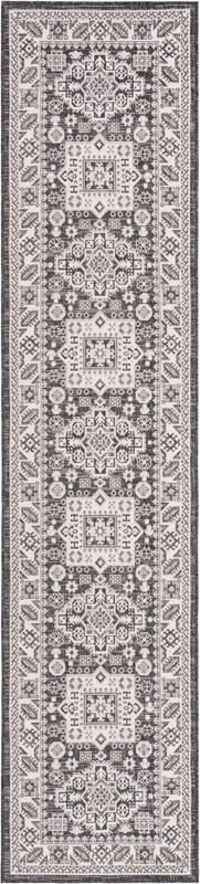 2' 7 x 12' Bellamy · Tribal medallion Outdoor Rug, charcoal and ivory