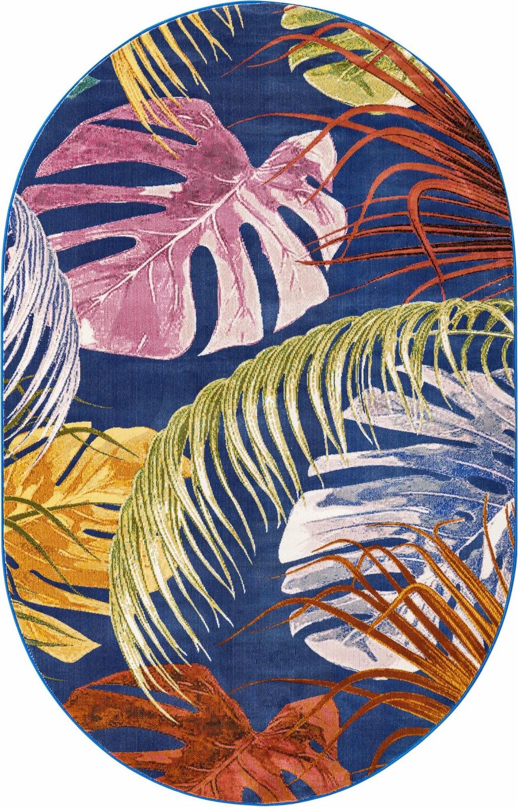 5' 3 x 7' 10 Britton · Tropical leaf rug, blue and multi