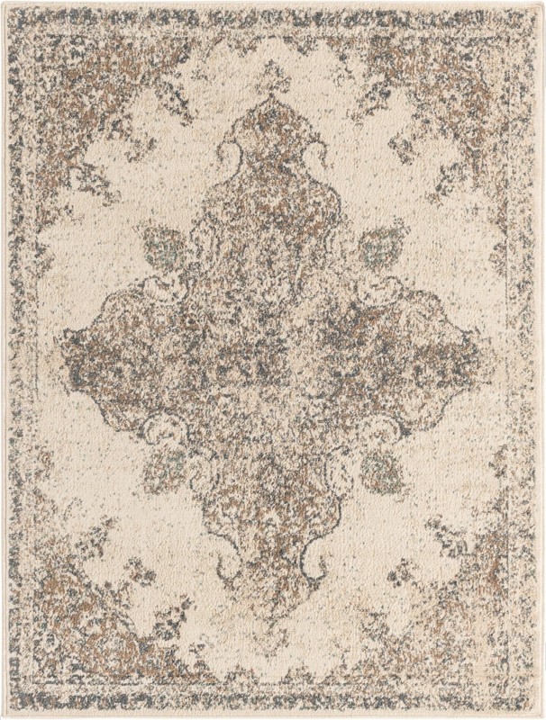 9' x 12' 2 Maude · Distressed medallion rug, cream and brown