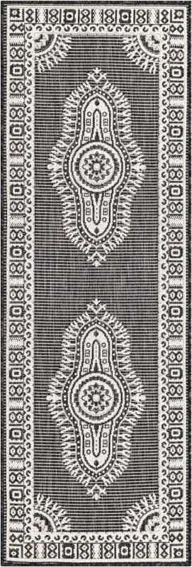 2' x 6' Bainbridge · Border Outdoor Rug, black and white