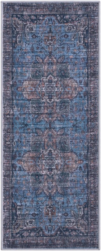 2' x 5' Roarke · Distressed medallion rug, blue and rust
