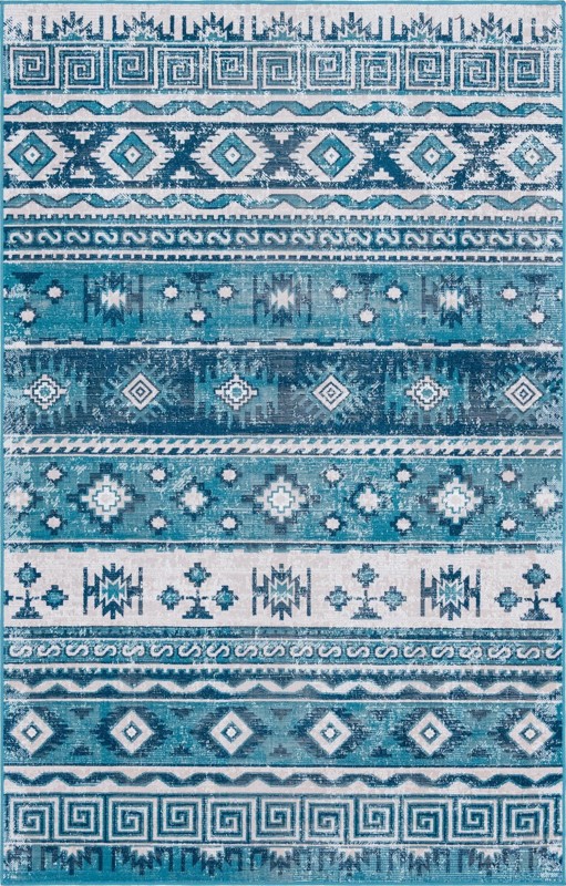 5' 3 x 8' Lloyd · Tribal striped rug, blue and ivory