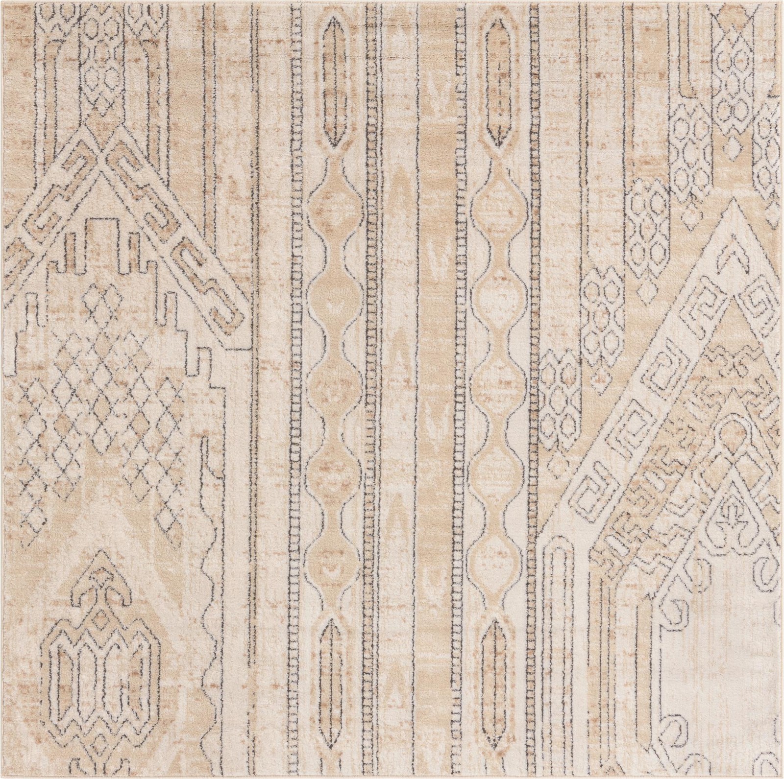 6' x 6' Cardinal · Tribal geometric rug, ivory and gray