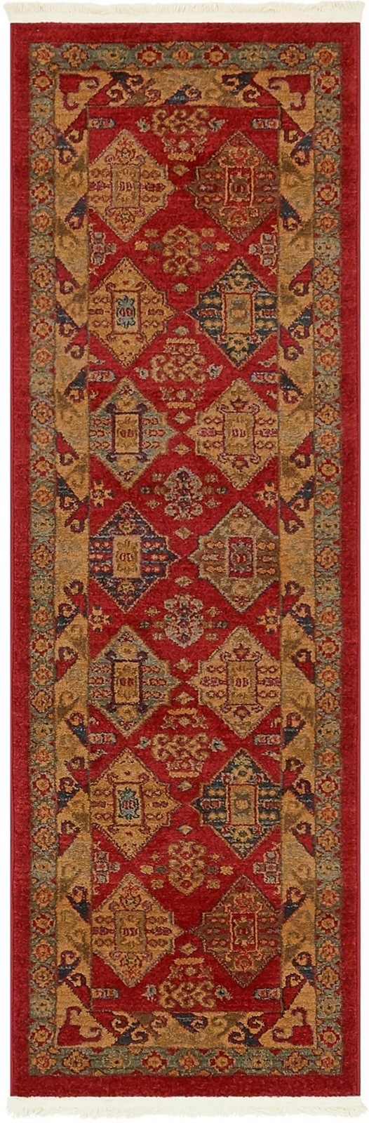 2' x 6' Spearfish · Geometric diamond rug, red and brown