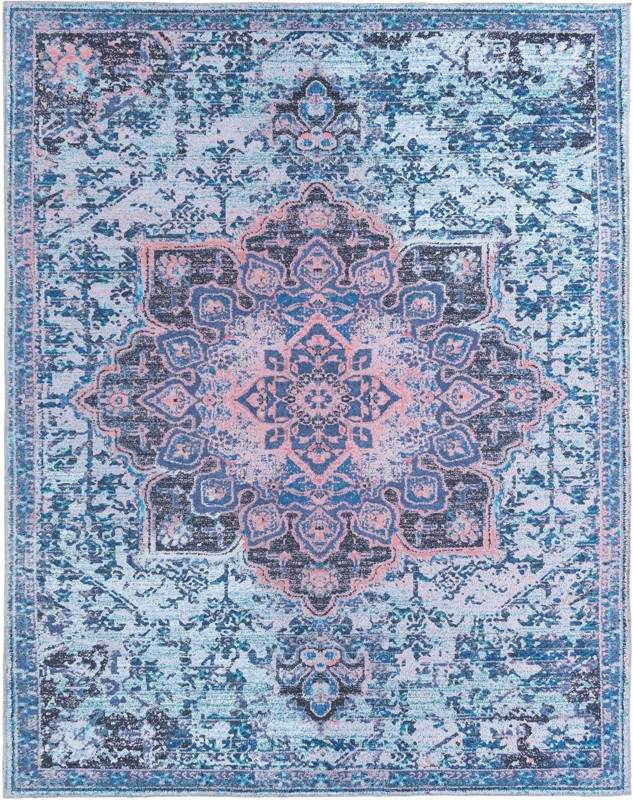 10' 6 x 13' Rideout · Distressed medallion Washable Rug, blue and pink