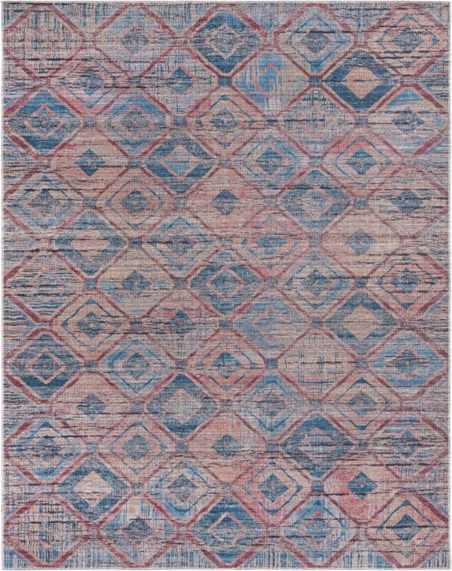 7' 10 x 10' Torrance · Geometric diamond Washable Rug, peach and blue