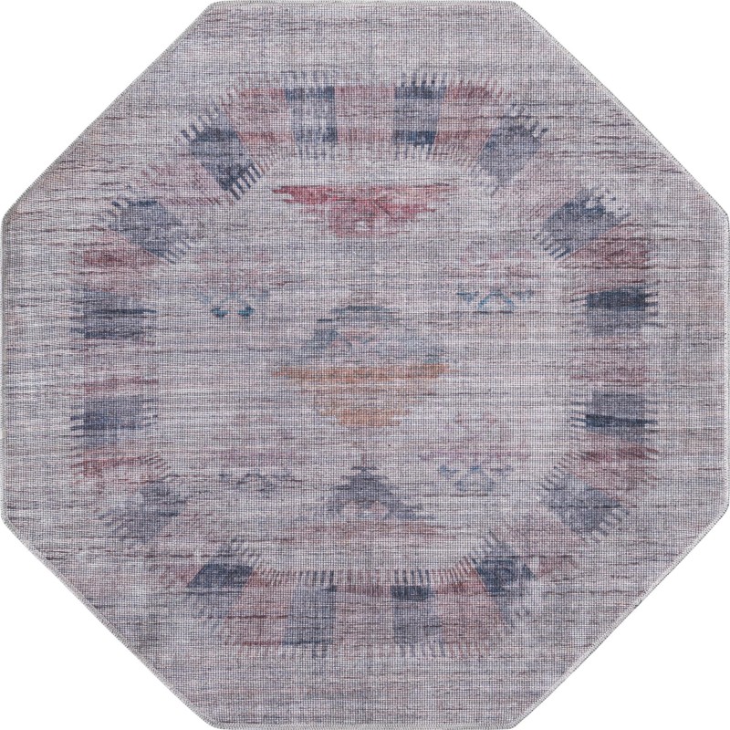 5' 3 x 5' 3 Bascom · Faded tribal Washable Rug, gray and burgundy