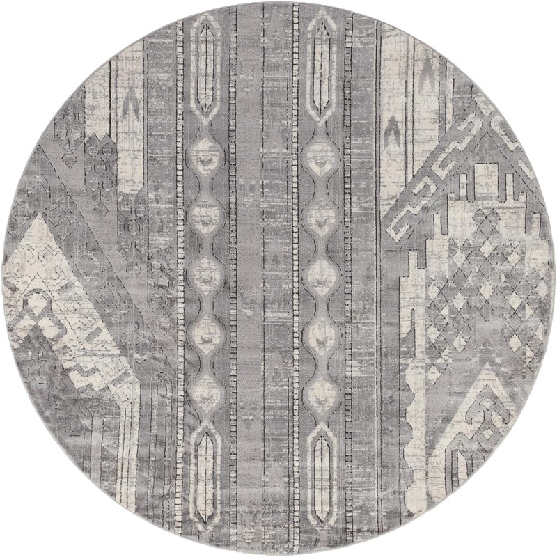 7' x 7' Cardinal · Tribal striped rug, gray and cream