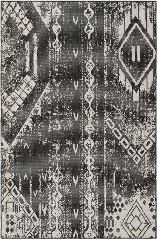 5' 3 x 8' Wildman · Tribal geometric Outdoor Rug, charcoal and ivory