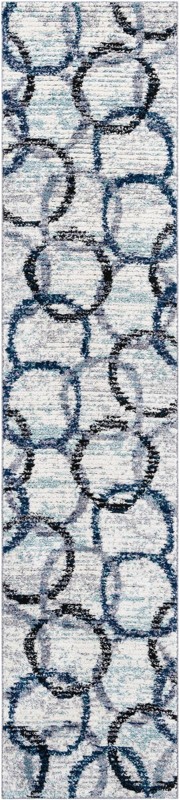 2' 7 x 12' Rayner · Abstract circles rug, ivory and blue