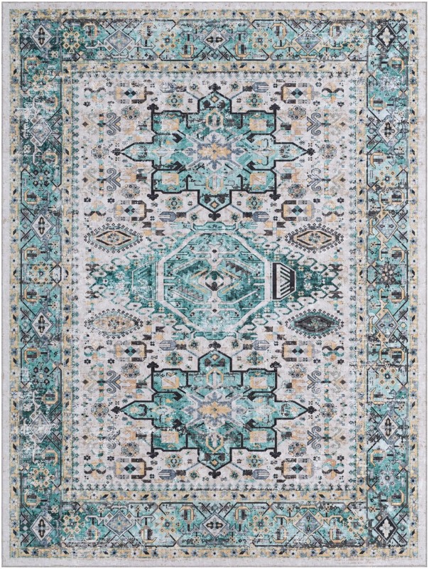 9' x 12' Tatlock · Medallion rug, aqua and ivory
