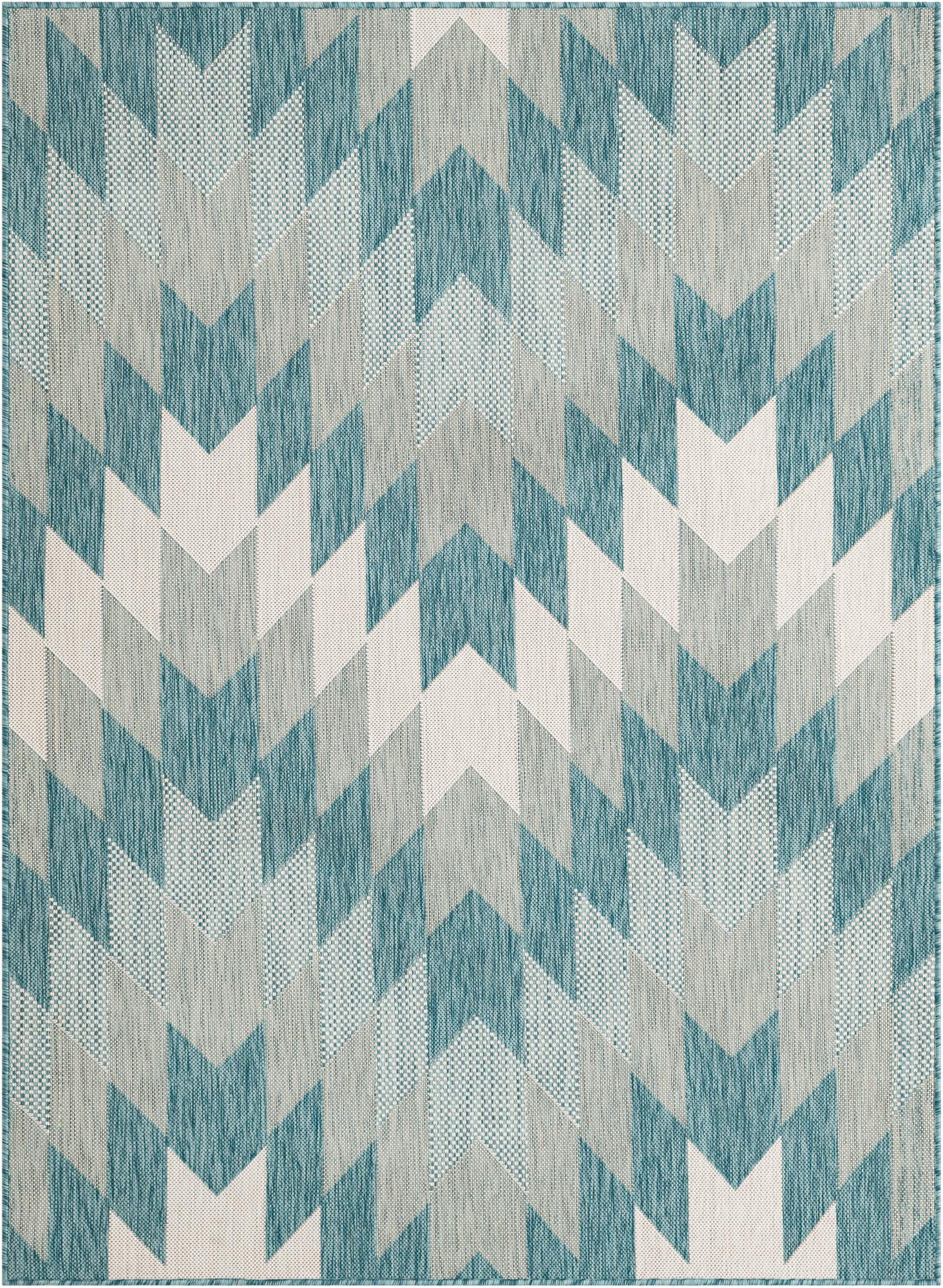 5' 3 x 7' Morrell · Chevron Outdoor Rug, aqua and ivory