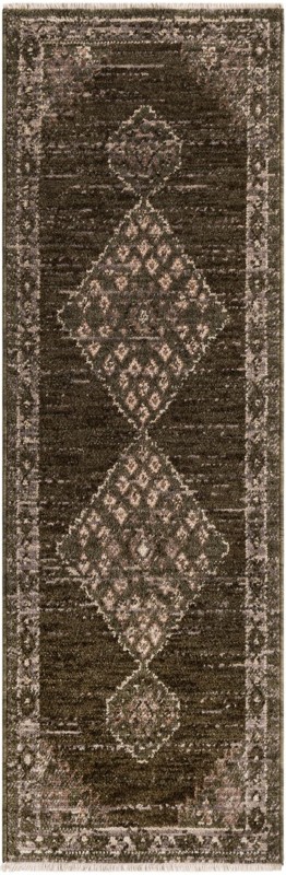 2' x 6' 3 Loveland · Diamond medallion rug, green and brown