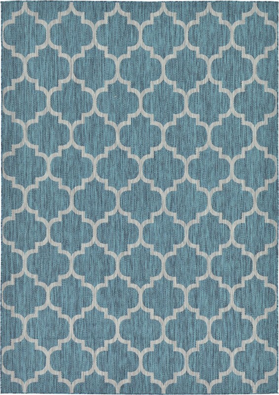7' x 10' Fanshawe · Lattice Outdoor Rug, teal and gray