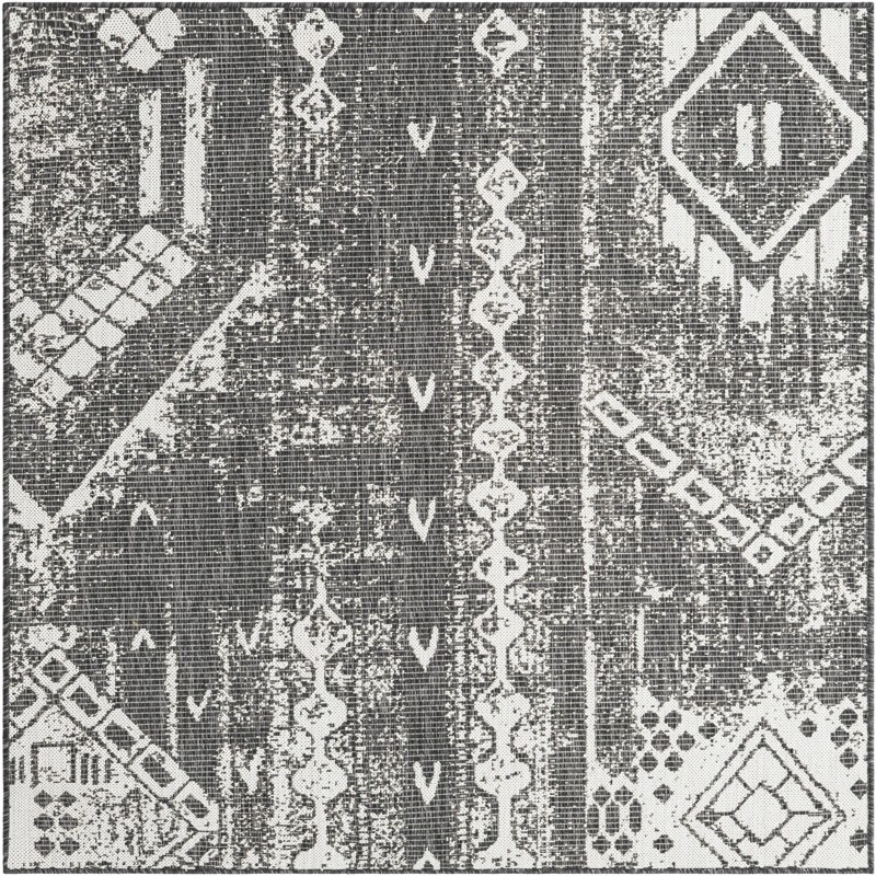 5' 3 x 5' 3 Wildman · Tribal geometric Outdoor Rug, charcoal and ivory