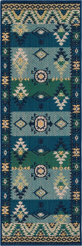 2' x 6' Wilcox · Border Outdoor Rug, blue and green