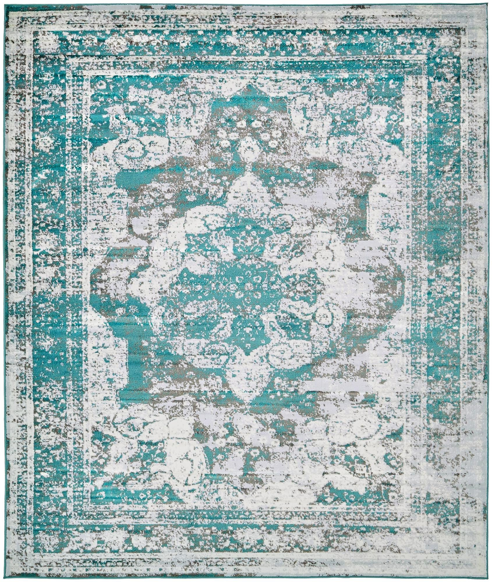 7' 10 x 10' Blakemore · Distressed medallion rug, turquoise and ivory