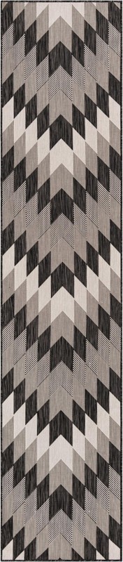 2' 7 x 12' Morrell · Geometric chevron Outdoor Rug, charcoal and ivory