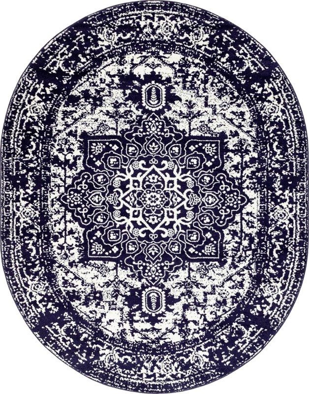 7' 10 x 10' Birch · Distressed medallion rug, navy and ivory