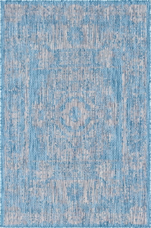 4' x 6' Hayden · Distressed medallion Outdoor Rug, aqua and gray