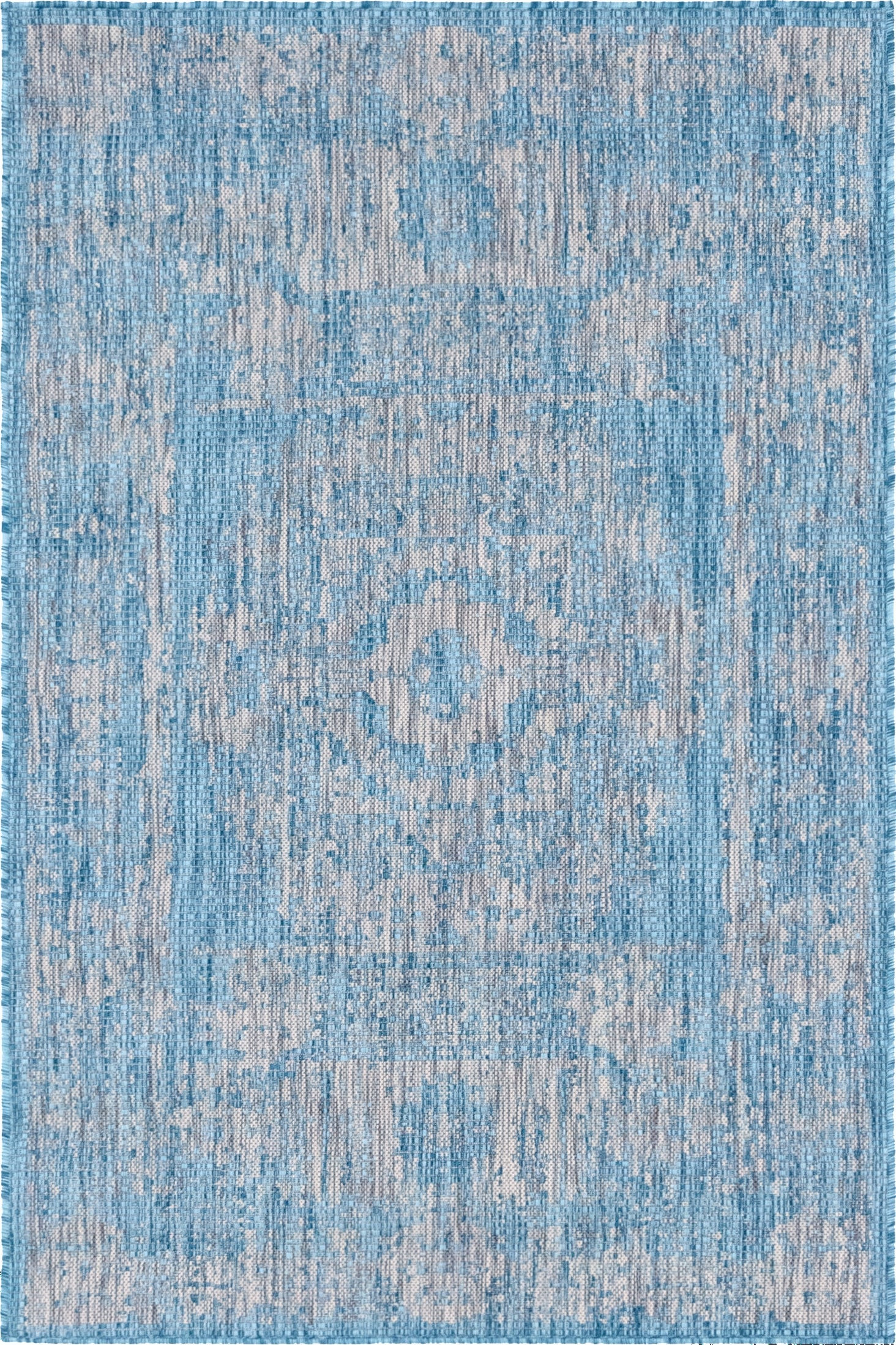 4' x 6' Hayden · Distressed medallion Outdoor Rug, aqua and gray