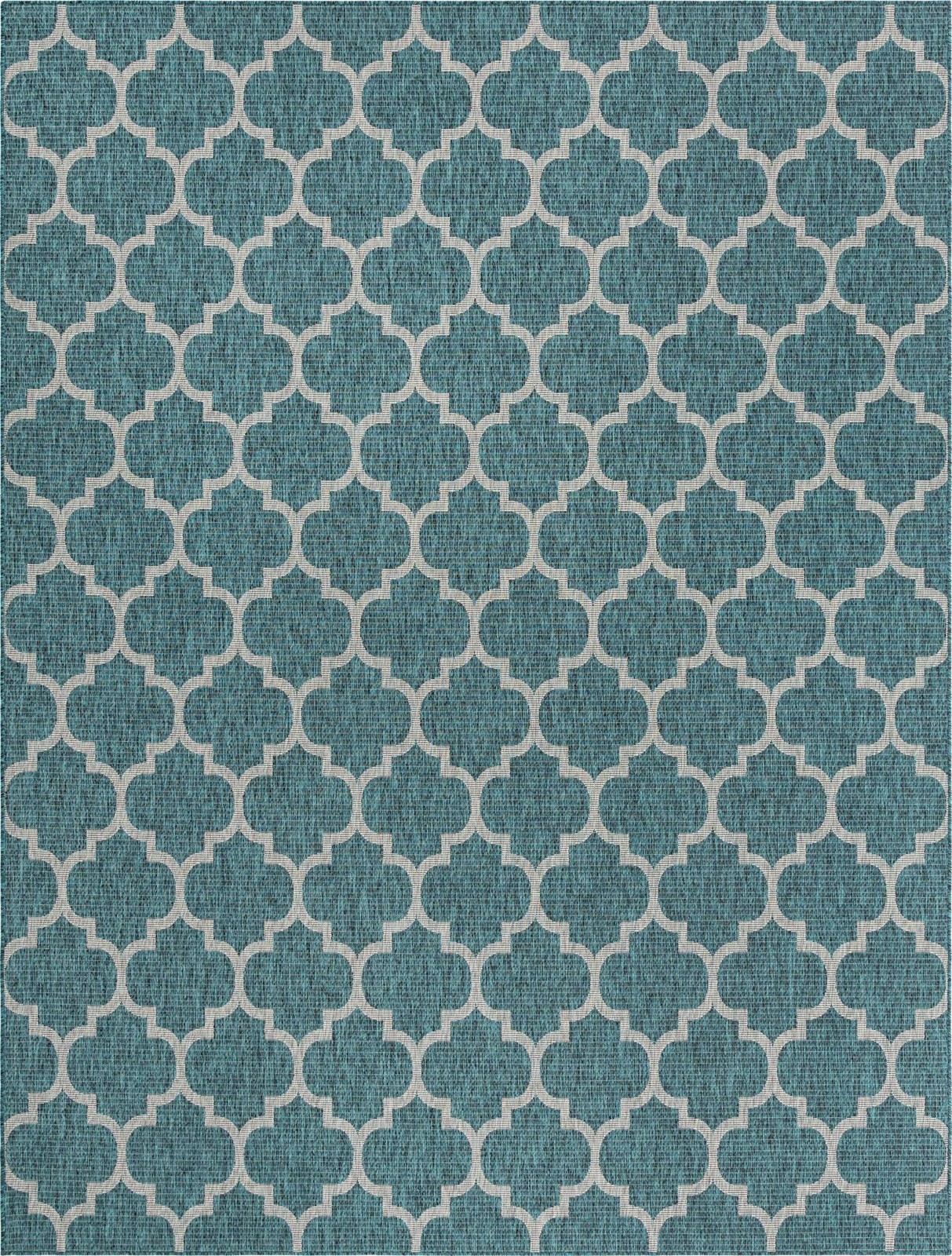 10' x 13' Fanshawe · Lattice Outdoor Rug, teal and gray
