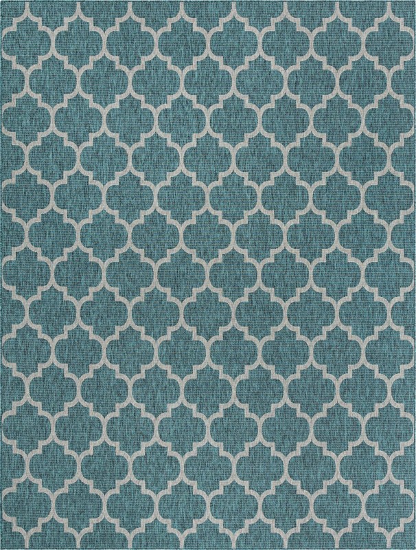 10' x 13' Fanshawe · Lattice Outdoor Rug, teal and gray