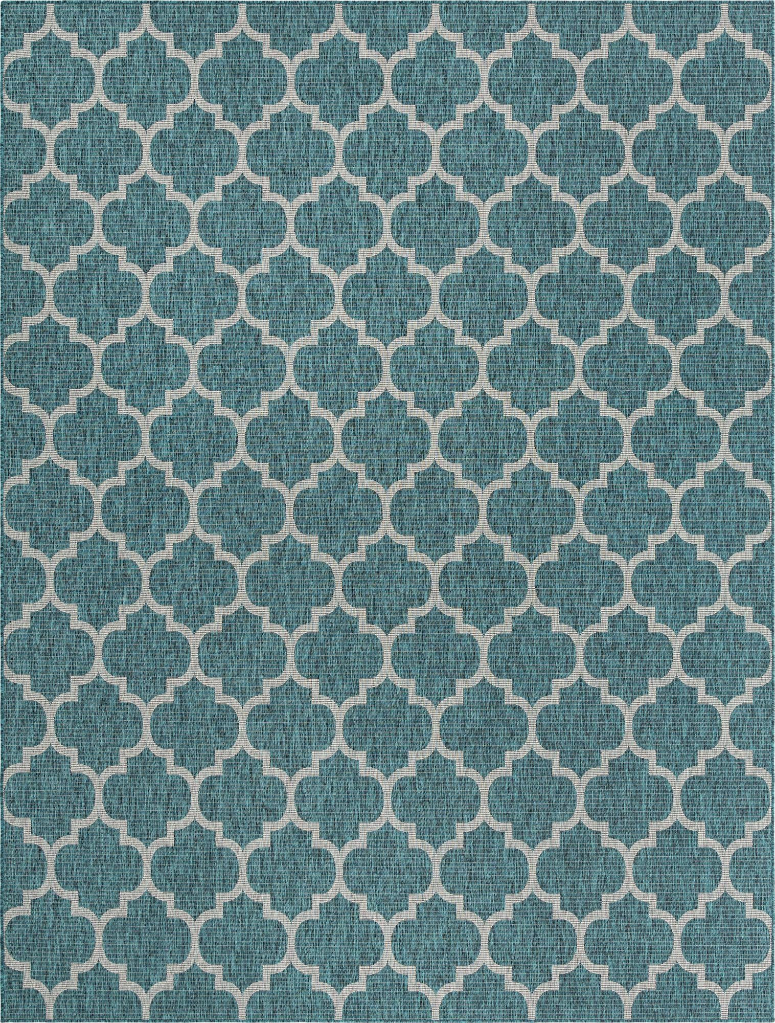10' x 13' Fanshawe · Lattice Outdoor Rug, teal and gray