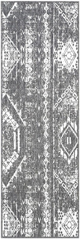 2' x 6' Wildman · Tribal geometric Outdoor Rug, charcoal and ivory
