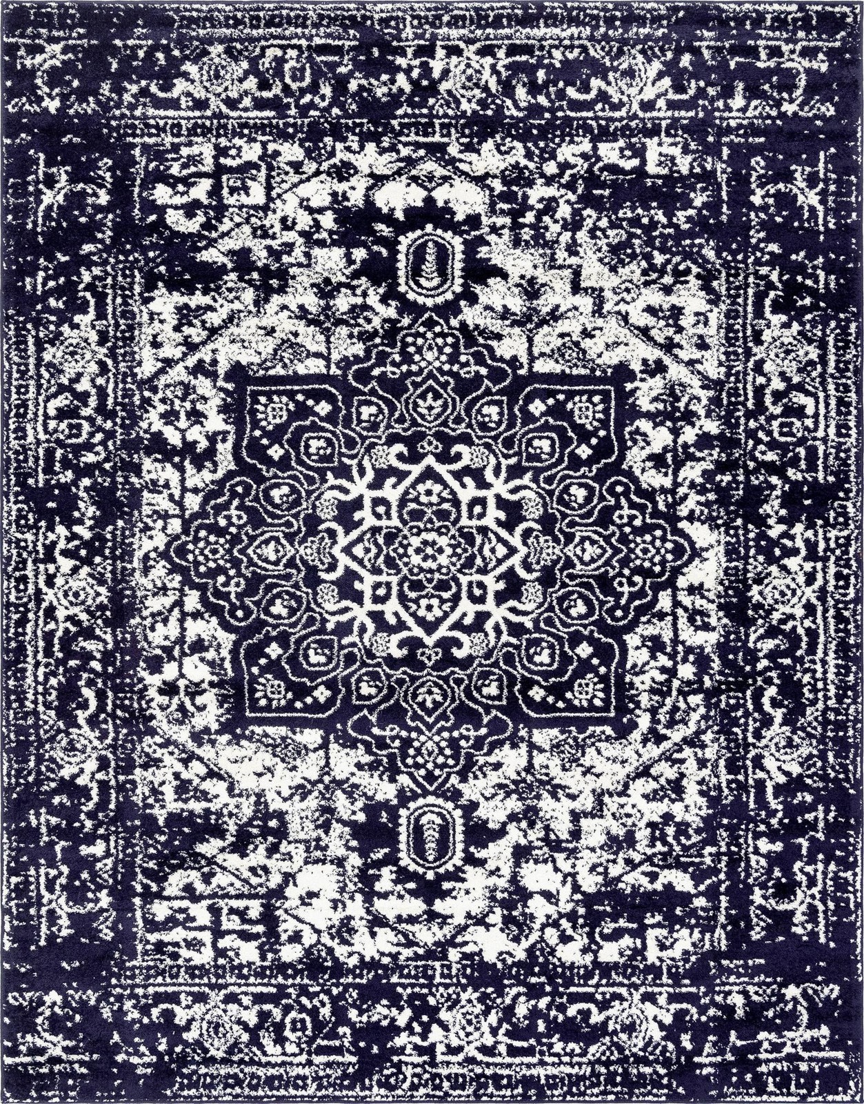 7' 10 x 10' Birch · Distressed medallion rug, navy and ivory