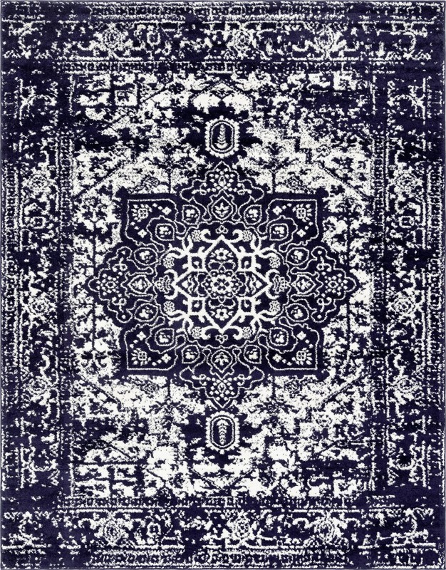 7' 10 x 10' Birch · Distressed medallion rug, navy and ivory
