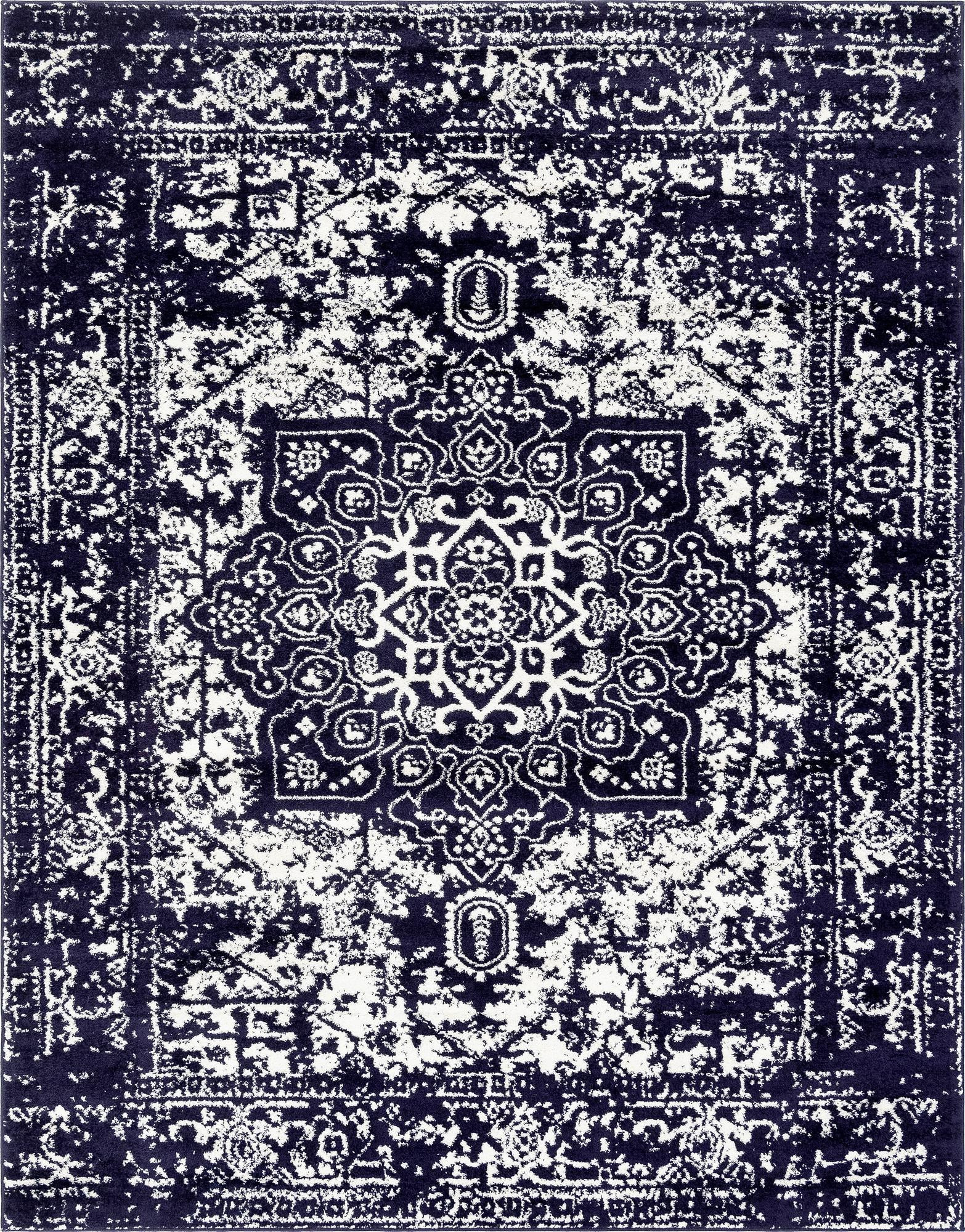 7' 10 x 10' Birch · Distressed medallion rug, navy and ivory